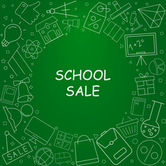 School sale banner with line icon on blackboard. Design template for banner, poster. Vector illustration
