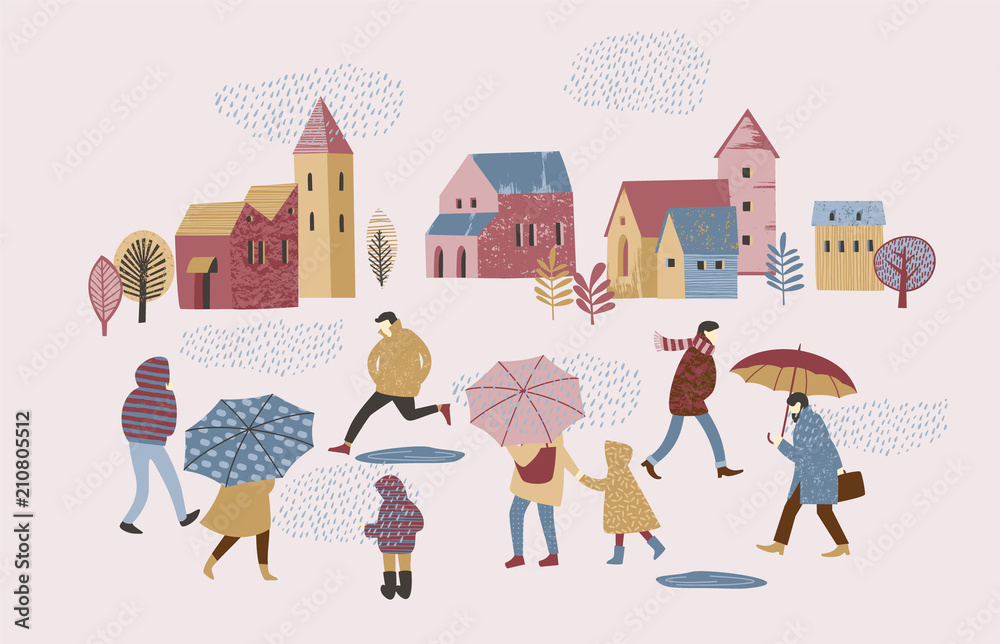 Sticker Vector illustration of people in the rain. Autumn mood.