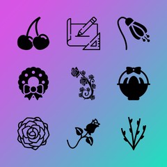 Vector icon set about flowers with 9 icons related to laurel, bloom, petal, blossom, illustration, ornament, watercolor, luxury, vegetarian and grass