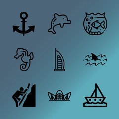 Vector icon set about sea with 9 icons related to tropical, retro, green, holiday, sail, freshwater, khalifa, environment, light and undersea