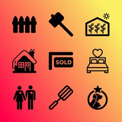 Vector icon set about home with 9 icons related to teddy, glass, architecture, steel, hearts, farm, men, silver, vintage and roof