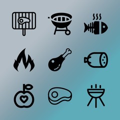 Vector icon set about barbecue with 9 icons related to breakfast, closeup, coffee, symbol, above, sesame, danger, label, people  and dangerous