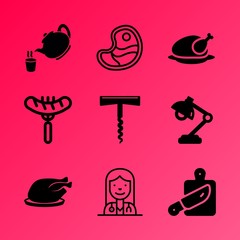 Vector icon set about kitchen with 9 icons related to sign, fire, chop, butchery, crispy, woodgrain, lamp, pan, woman and vector