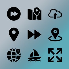 Vector icon set about location with 9 icons related to download, black, abstract, boat, race, digital, app, bubble, geo and link