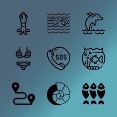 Vector icon set about sea with 9 icons related to flight, protection, style, international, airport, female, life, track, summer and destination