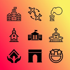 Vector icon set about building with 9 icons related to elysees, faith, winter, coal, shadow, gate, group, skyscraper, hope and uk