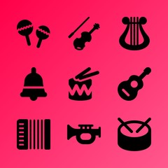 Vector icon set about music instruments with 9 icons related to concert,  music, music instruments, festival, sheet, tune, musician, element, instrument and style