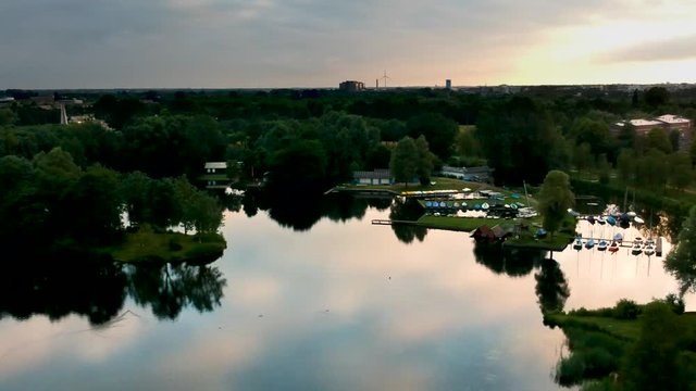 The Netherlands – Aerial drone view over Gaasperplas, Amsterdam South East with sunset sky