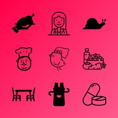 Vector icon set about kitchen with 9 icons related to diet, avocado, vintage, farm, rural, material, clean, scale, onion and weight