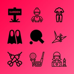Vector icon set about hobby with 9 icons related to young, challenge, elephant, gardening, yard, outside, focus, aspirations, dirt and vegetable