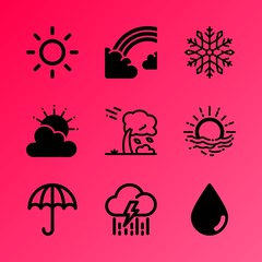 Vector icon set about weather with 9 icons related to web, year, style, arch, view, strike, electric, sunshine, vortex and snowfall