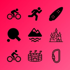 Vector icon set about fitness and sport with 9 icons related to city, helmet, graphic, object, sky, background, alpinism, longboard, label and indoor
