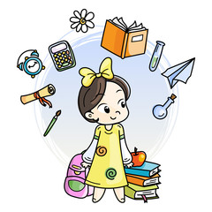 Cute girl ready to School. For books, prints, posters, cards.