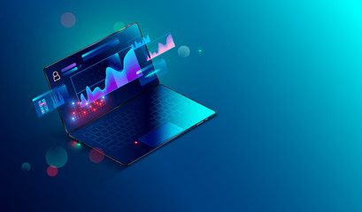 Financial analytic and business infographic elements on screen laptop. Finance graphs, analysis data and charts investment and trade. 3d isometric Vector. Business Concept. - obrazy, fototapety, plakaty