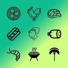 Vector icon set about barbecue with 9 icons related to green, shrimp, pan, young, fat, product, party, pepper, lunch and home