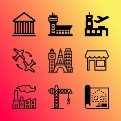 Vector icon set about building with 9 icons related to station, market, metal, assembly, storefront, isolated, store, work, modern and urban