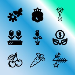 Vector icon set about gardening with 9 icons related to top view, set, heap, wedding, market, delicious, cut, vibrant, gourmet and invitation