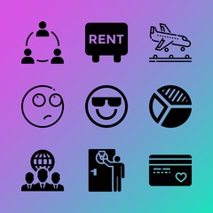 Vector icon set about business with 9 icons related to flat, symbol, aeroplane, graphic, smiling, relocation, success, debt, plane and opportunity