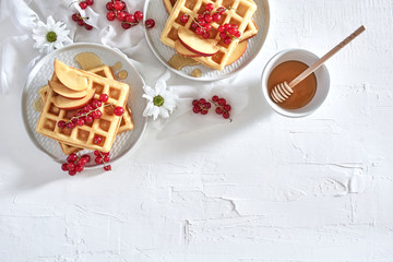 Flat lay of traditional belgian waffles with fresh fruit, nectarine, currant and honey on white background. Breakfast. Top view with copy space.