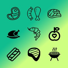 Vector icon set about barbecue with 9 icons related to above, seafood, tomato, crispy, hamburger, barbeque, wine, shrimps, fast and wing