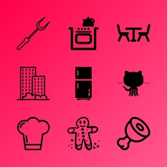 Vector icon set about kitchen with 9 icons related to town, biscuit, butchery, mansion, ginger, studio, hot, doodle, small and restaurant