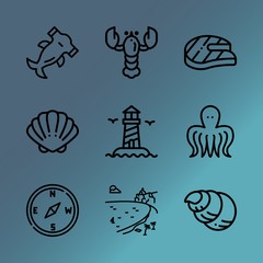 Vector icon set about sea with 9 icons related to sea, world, ink, blue, airport, boiled, prepared, latitude, business and species