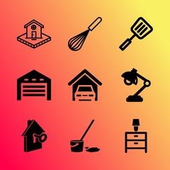 Vector icon set about home with 9 icons related to check, investment, lumber, roller, inspection, brown, commercial, indoor, clean and view