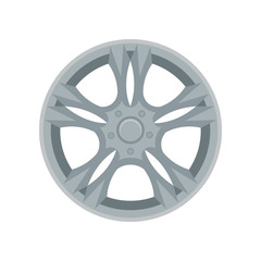 Flat vector icon of alloy wheel. Gray car disk. Element for advertising banner or poster of auto shop