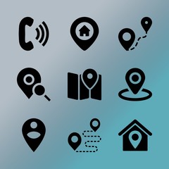 Vector icon set about location with 9 icons related to phone book, white, vintage, sms, simple, 66, 3d, headset, find and black