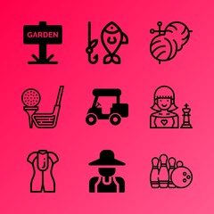 Vector icon set about hobby with 9 icons related to pot, summer, floor, surfer, crafts, shot, path, thread, can and grass