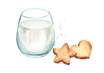Dairy product. Glass with milk and cookies. Watercolor hand drawn illustration, isolated on white background