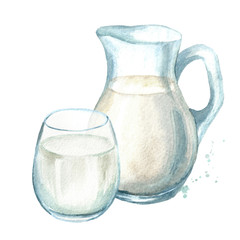 Dairy products. Jug with milk and glass. Watercolor hand drawn illustration isolated on white background - obrazy, fototapety, plakaty
