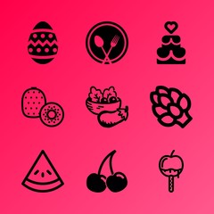 Vector icon set about food with 9 icons related to chocolate, people , romantic, tomato, stick, vegetables, cookie, vintage, eating and garden
