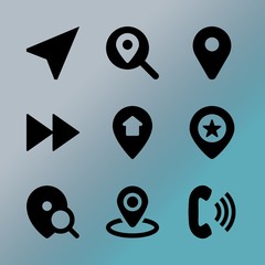 Vector icon set about location with 9 icons related to label, girl, character, headset, active, set, volume, application, arrow and minimalistic