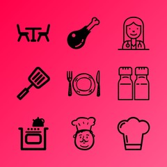 Vector icon set about kitchen with 9 icons related to decoration, lifestyle, sodium, apartment, cutlery, setting, dining, aromatic, fresh and dark