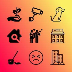 Vector icon set about home with 9 icons related to studio, spray, joy, sprout, clean, form, guest, shoot, together and lobby