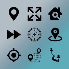 Vector icon set about location with 9 icons related to design, navigation, webdesign, smartphone, bullseye, achievement, sign, link, summer and tag