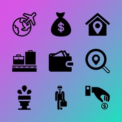 Vector icon set about business with 9 icons related to architect, template, backpack, direction, check, lounge, human, icons, earth and exterior