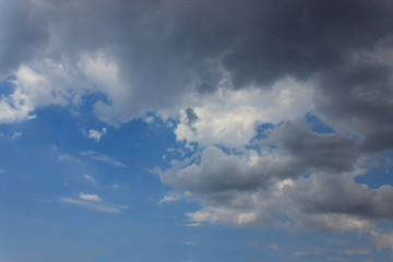 Fluffy white clouds on a blue sky. Weather deterioration.  Background.