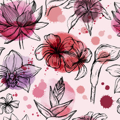 Seamless watercolor pattern with sketch of Tropical flowers - Water lily, orchid, plumeria, frangipani and hibiscus