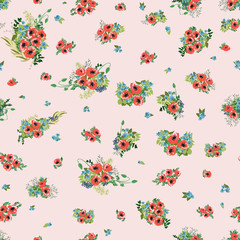 Seamless pattern floral watercolor design: garden poppy, daisy, marguerite, silver eucalyptus, willow, green thyme, greenery leaves. Boho romantic millefleurs plant background print.