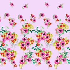 Seamless border floral watercolor design: garden poppy, daisy, marguerite, silver eucalyptus, willow, green thyme, greenery leaves. Boho romantic millefleurs background print.