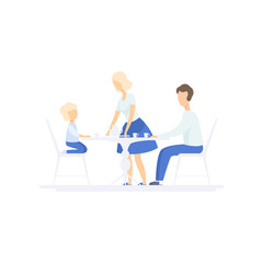 Family eating dinner together at kitchen table, family lifestyle concept vector Illustration on a white background