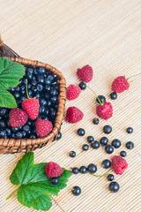 A basket with blueberries and raspberries on wooden background