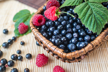 A basket with blueberries and raspberries on wooden background
