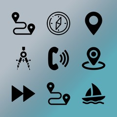 Vector icon set about location with 9 icons related to route, tourism, woman, frame, wind, guidance, suitcase, play, image and holiday