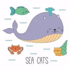 Keuken spatwand met foto Hand drawn vector illustration of a kawaii funny cat whale, fish, hermit crab, swimming in the sea. Isolated objects on white background. Line drawing. Design concept for children print. © Maria Skrigan