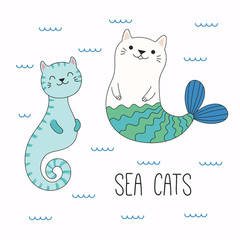 Hand drawn vector illustration of a kawaii funny cat seahorse, mermaid, swimming in the sea. Isolated objects on white background. Line drawing. Design concept for children print.