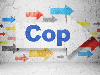 Law concept:  arrow with Cop on grunge textured concrete wall background, 3D rendering