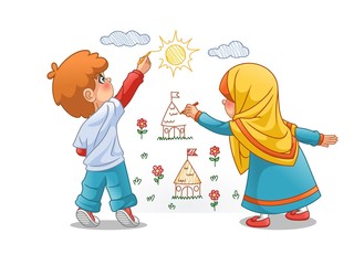 Muslim girls and boy draw landscapes on the walls, cartoon character design, vector illustration, isolated against white background.